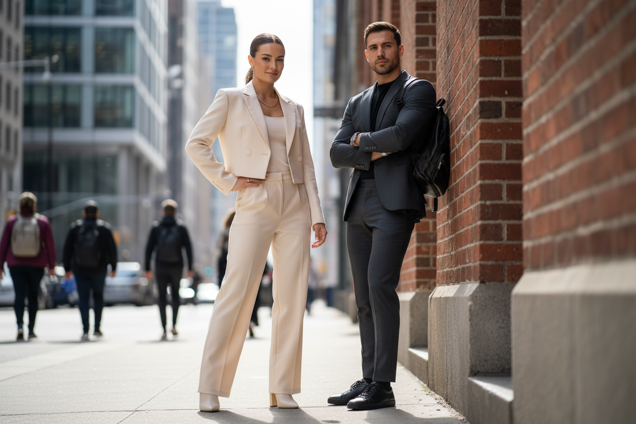 a woman and a man posing with a good fit on